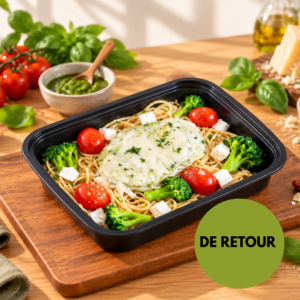 Le poulet au pesto & spaghettis méditerranéens
